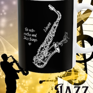 Personalized Saxophone Ceramic Mug, (11oz, 15oz) Saxophonist Coffee, Tea Beverage Soup Cup Gift for Musician, Band Member, Sax Jazz Player