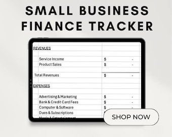 May include: A black and white image of a spreadsheet template for tracking small business finances. The spreadsheet is divided into two sections: "Revenues" and "Expenses".  The spreadsheet includes categories for tracking income and expenses, such as "Service Income", "Product Sales", "Advertising & Marketing", and "Bank & Credit Card Fees". The text "SHOP NOW" is at the bottom of the image.