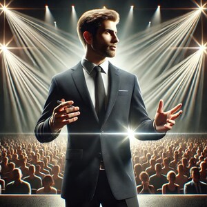 May include: A man in a dark suit and tie stands on a stage in front of a large audience. He is speaking with his hands gesturing. The stage is lit by spotlights.