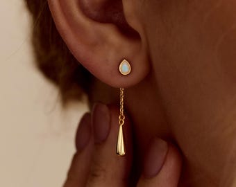 Elegant Opal Drop Earrings, Teardrop Chain Earrings, Dainty Gold Genuine Opal Earrings, Bridesmaid Gift, Wedding Jewelry, Everyday Wear