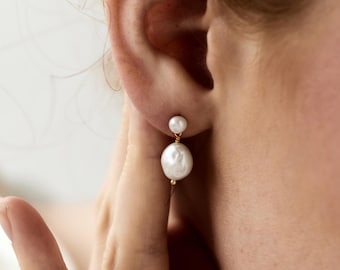 Baroque Pearl Stud Earrings, Freshwater Drop Earrings, Gold or Silver Bridal Jewelry, Dainty Wedding Gift, Statement Pearl Earrings