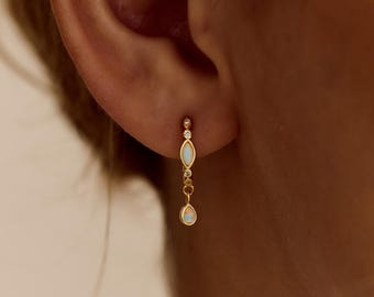 Dainty Opal Drop Earrings, Sterling Silver Diamond Accent Earrings, Delicate Bridal Earrings, October Birthstone Jewelry, Gift for Mom