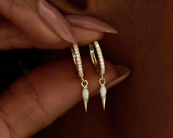 Opal Spike Drop Earrings, Dainty Opal Hoop Earrings, Minimalist Gold Earrings, Sterling Silver Jewelry, Gift for Her, Bridesmaid Gift