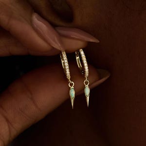 Opal Spike Drop Earrings, Dainty Opal Hoop Earrings, Minimalist Gold Earrings, Sterling Silver Jewelry, Gift for Her, Bridesmaid Gift