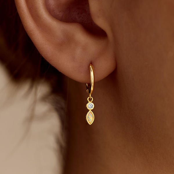 Elegantes pendientes de aro de ópalo, pendientes de oro con ópalo auténtico talla marquesa, pendientes de plata de ley 925, detalles de diamantes, regalo para el Día de la Madre.