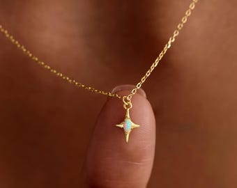 Dainty Opal Star Necklace, Minimalist Gold Gemstone Necklace, Celestial Jewelry, Tiny Star Necklace, Charm Jewelry, Gift for Her
