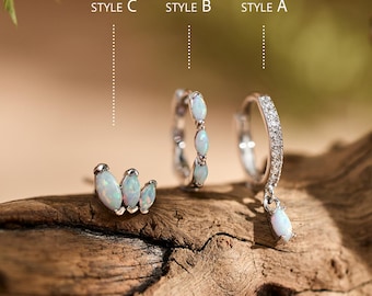 Sterling Silver Opal Earrings, Gold Opal Jewelry Set, October Birthstone Earrings, Dainty Minimalist Hoops, Bridesmaid Wedding Gift for Her