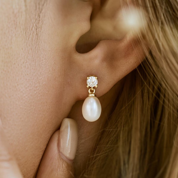 Natürliche Süßwasserperle Tropfen Ohrringe mit Zirkon, Minimalist CZ Diamant Perle Ohrringe, Hochzeitsohrringe, Brautjungfer Geschenk