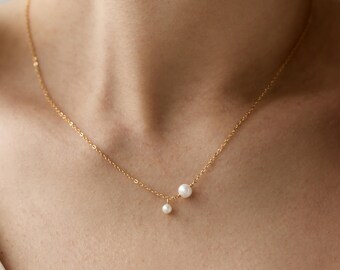 Double Pearl Necklace, Minimalist Gold Jewelry, Dainty Pearl Pendant, Bridesmaid Gift, Mother Daughter Necklace, Wedding Jewelry