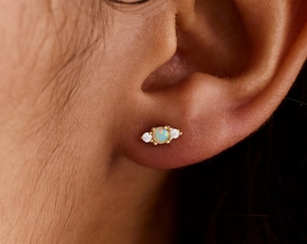 Dainty Opal CZ Diamond Stud Earrings, Sterling Silver Opal Earrings, Gold Studs, Minimalist Jewelry, Wedding Jewelry, Christmas Gift for Her