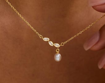 Sterling Silver Pearl Drop Leaf Necklace, CZ Diamond Pearl Necklace, Dainty Bridal Jewelry, Wedding Necklace, Gift for Her, Christmas Gift