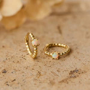 Opal Huggie Earrings, Dainty Opal Hoop Earrings, Gold Opal Jewelry, October Birthstone, Minimalist Christmas Gift, Small Everyday Hoops