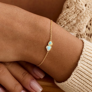 Dainty Opal Heart Bracelet, Double Heart Opal Bracelet, Minimalist Gold Jewelry, Dainty Bracelet, Gift for Her, Bridesmaid & Christmas Gift