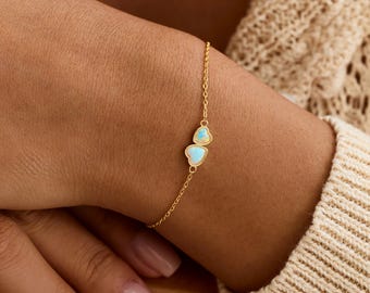 Dainty Opal Heart Bracelet, Double Heart Opal Bracelet, Minimalist Gold Jewelry, Dainty Bracelet, Gift for Her, Bridesmaid & Christmas Gift