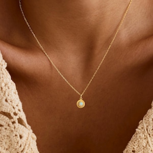 Sterling Silver Opal Necklace, Dainty Halo Pendant, October Birthstone Jewelry, Minimalist Gift for Her, Christmas Gift, Bridal Jewelry