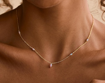 Opal Station Necklace, Dainty Gold Opal Necklace, Minimalist Layered Jewelry, October Birthstone Gift, Bridesmaid Gift for Her