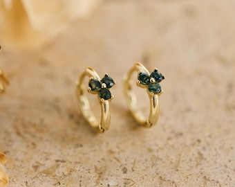 Delicate Moss Agate Hoop Earrings, Sterling Silver Natural Green Gemstone Earrings, Minimalist Gold Earrings, Mini Earrings, Gift for Her