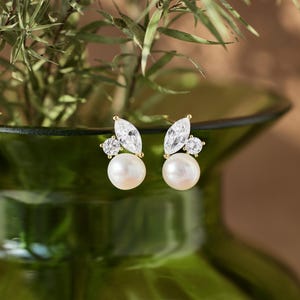 Pearl CZ Stud Earrings, Bridal Pearl Earrings, Gold Wedding Jewelry, Dainty Earrings for Bride, Elegant Bridesmaid Gift, Classic Studs
