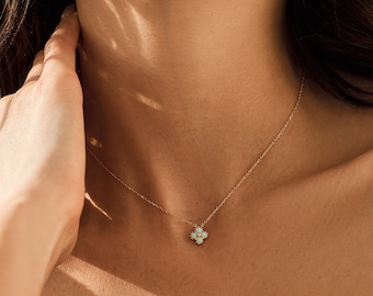 Sterling Silver Opal Clover Necklace - Dainty Lucky Charm, Minimalist Jewelry, Birthstone Gift, Bridesmaid Jewelry, Layering Necklace