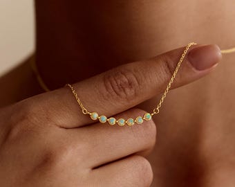 Dainty Opal Necklace, Minimalist Round Multi Opal Necklace, Gold Genuine Opal Bar Necklace, October Birthday Gift, Mothers Day Gift