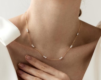 Dainty Pearl Necklace, Freshwater Pearl Chain Choker, Minimalist Bridal Jewelry, Gift for Her, Delicate Gold Necklace, Wedding Accessory