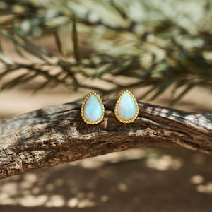 Sterling Silver Opal Droplet Stud Earrings, Gold plated Teardrop White Opal Earrings, Pear Cut Opal Earrings, Opal Jewelry, Birthday Gifts
