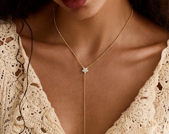 Dainty Opal Y Necklace, Opal Lariat Necklace, Flower Pendant Necklace, Bridal Jewelry, Wedding Gift, Christmas Gift, Gift for Her