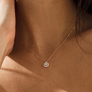 Sterling Silver Opal Halo Pendant Necklace – Minimalist Dainty Jewelry , October Birthstone Gift,  Bridal Gifts,  Mothers Day Gift