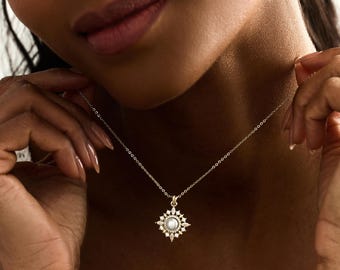 Delicate Freshwater Pearl Diamond Necklace, Pearl Halo Pendant, Bridal Jewelry, Elegant Gold Necklace, Anniversary Gift, Gift for Her