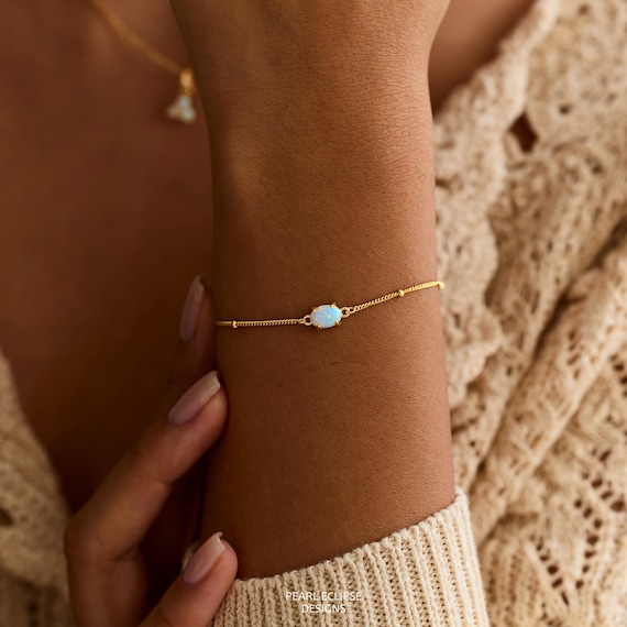 Opal Bracelet, Dainty Opal Jewelry, Minimalist Gold Beaded Chain, October Birthstone, Elegant Mom Bracelet, Christmas Gift, Charming Jewelry