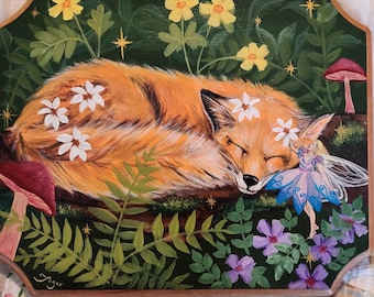 Original Painting Sleepy Fox in Forest | 8.5" x10.5" | One of a Kind | Cottagecore Art | Original | Forestcore | Whimsy | Aesthetic  | Fairy