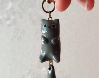 Grey Cat Dangly Bag Charm | Hand Sculpted and Hand Painted | Handmade | Please read description