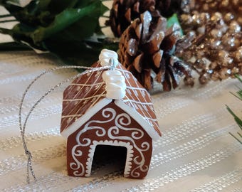 Hand-sculpted and Painted Gingerbread House Ornament | Polymer CLay | Bauble | Christmas Gift | Made to Order |