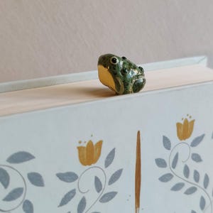 Puede incluir: Una figurita de rana de cerámica verde con detalles dorados se encuentra sobre un libro con un diseño floral. El libro tiene un fondo blanco con hojas grises y flores amarillas.