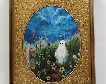 Ghost in Meadow Original Painting in Genuine Vintage Frame  | Hand-Painted | Not A Print | Halloween | Acrylic