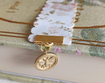Ribbon Bookmark with Bee Charm and Faux Pearl | Bookish | Two bee charm choices