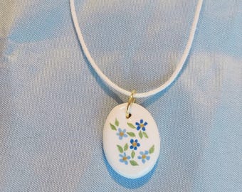 Blue Floral Clay Pendant | Hand Sculpted and Hand Painted | Waxed Cord Necklace | Cute | Cottagecore | Minimal | Forget Me Not