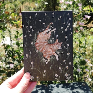 Sleepy Cat in Meadow Painting | 5&quot; x 7&quot; | Cat Painting | Acrylic Painting | Handmade |