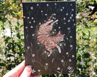 Sleepy Cat in Meadow Painting | 5" x 7" | Cat Painting | Acrylic Painting | Handmade |