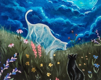 Black Cat with Ghost Cat Friend Original Painting | Acrylic | Hand-Painted | Not A Print | Halloween