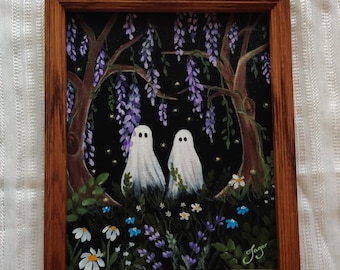 Original Painting of Wisteria Ghost Pair | Acrylic | Canvas Panel | Vintage Frame | Framed | Halloween | Cottagecore | Ghosts