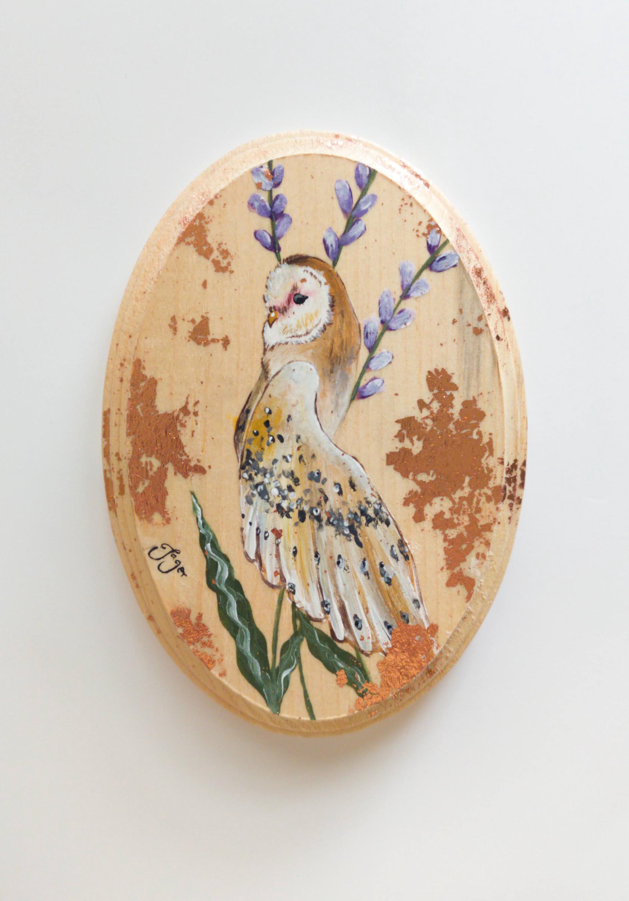 Owl Original Painting on Wood Plaque | Gold Floral | Green Floral | Original | Acrylic