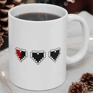 Low Hearts Gamer Mug: 8-Bit Pixel Art, Retro RPG Fan Gift