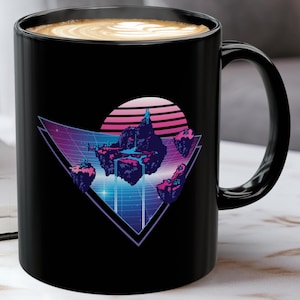 May include: Black ceramic coffee mug featuring a retro-style graphic of floating islands, a sunset, and a geometric grid. The design incorporates shades of pink, purple, and blue. The mug is filled with a dark liquid.