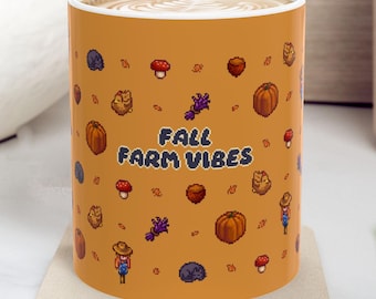 Fall Harvest Farm Game Mug: Retro Pixel Art, Cozy Gamer Gift