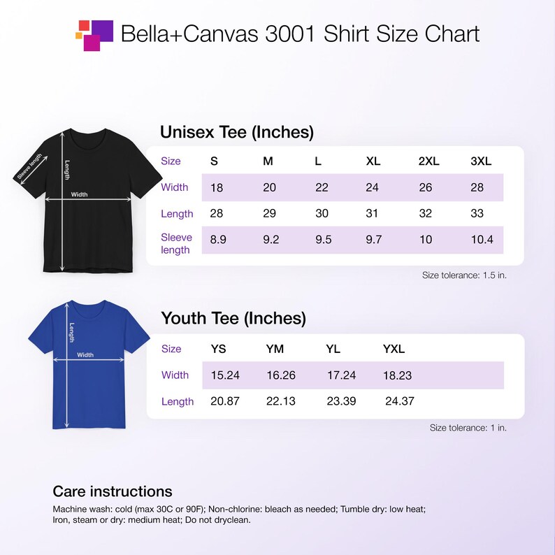 This is a size chart that shows measurements for the Bella+Canvas 3001 Unisex Jersey Tee.