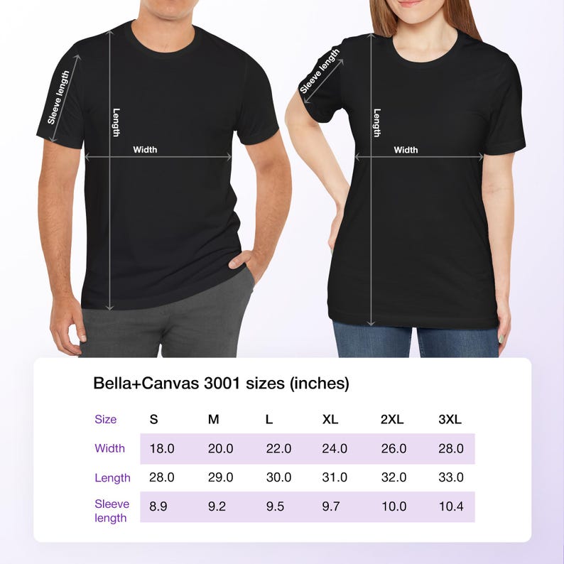 This is a size chart that shows measurements for the Bella+Canvas 3001 Unisex Jersey Tee.
