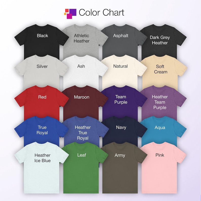 This is a color chart that shows color options for the Bella+Canvas 3001 Unisex Jersey Tee.
