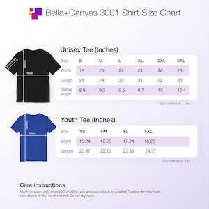 This is a size chart that shows measurements for the Bella+Canvas 3001 Unisex Jersey Tee.