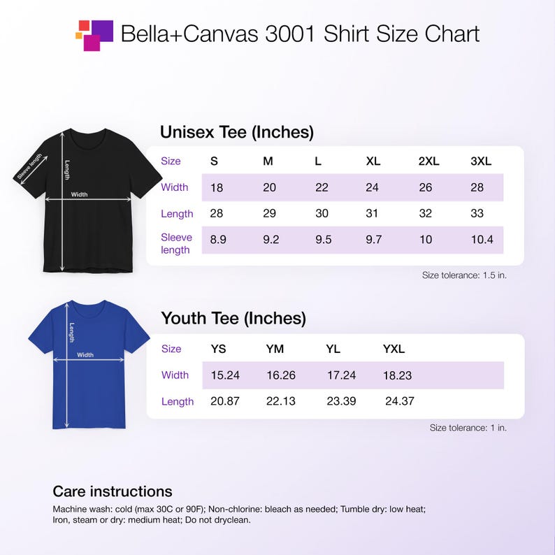 This is a size chart that shows measurements for the Bella+Canvas 3001 Unisex Jersey Tee.